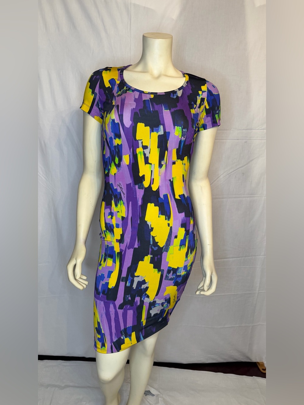 Just Cavalli Purple & Yellow Abstract Midi Dress
